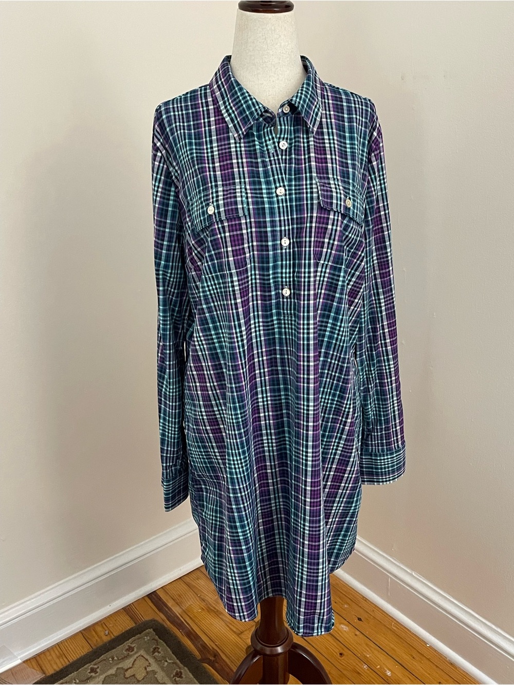 Peter Millar Women XL Plaid Stretch Shirt Dress Long Button Down Purple Teal